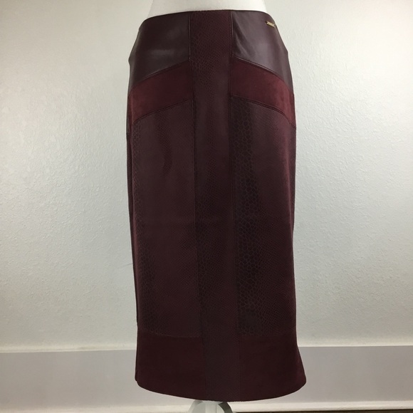 MARC New York By Andrew Marc Patchwork MIDI Pencil Skirt Deep Burgundy - Picture 6 of 11